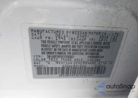 2014 Nissan Sentra Sr z USA, uszkodzony, nr VIN 3N1AB7AP5EY296801